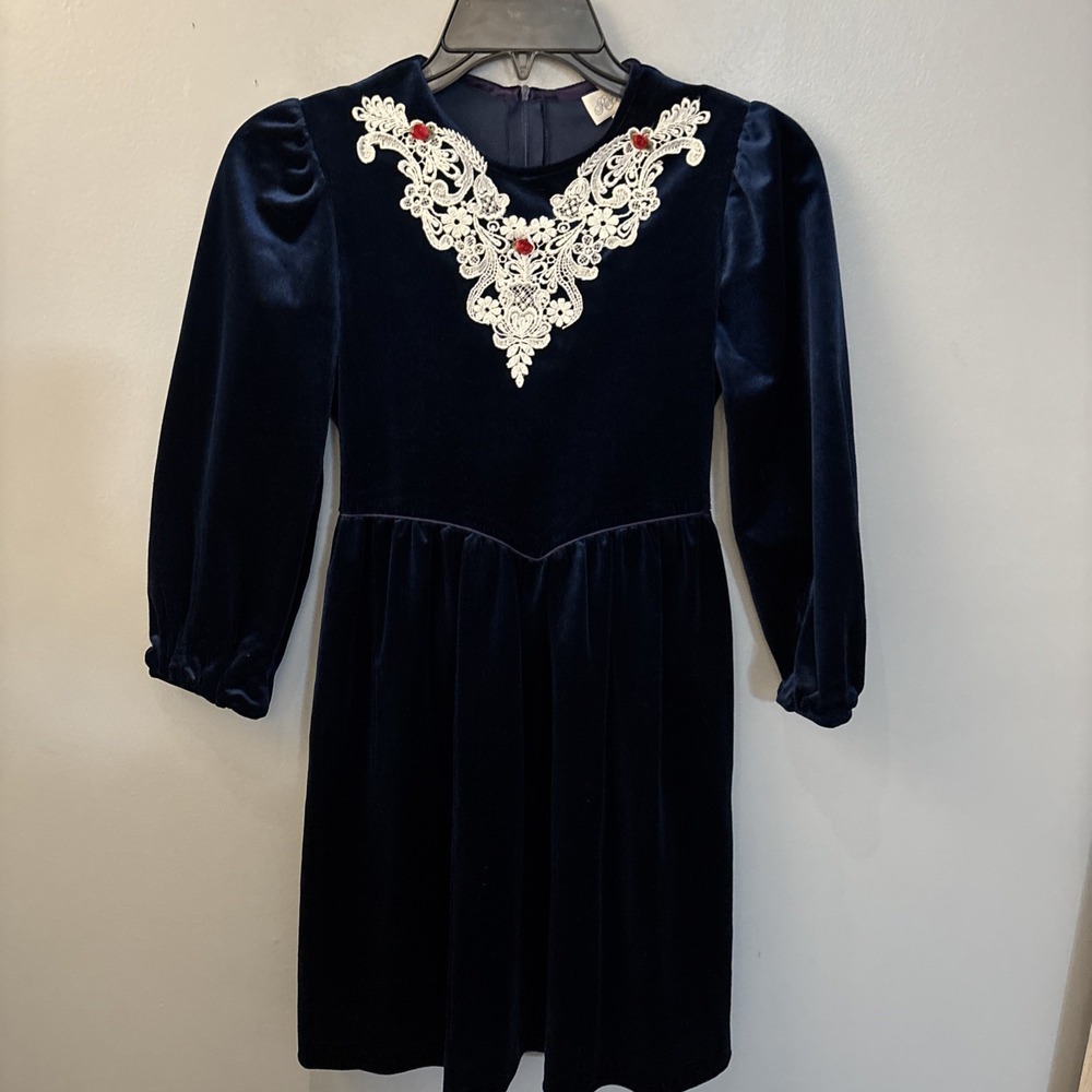 Vintage Navy Velvet Girls Sz 12 Dress Crochet Trim With Roses Holiday USA Made